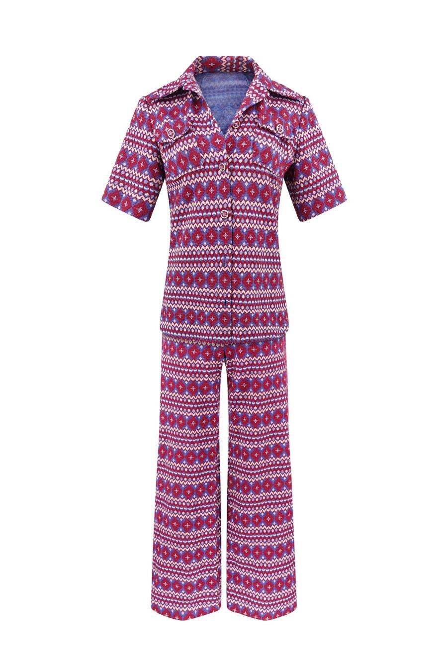 Vintage 1970s Fair Isle Jacquard Knit Short-Sleeve Top and Wide-Leg Pants Set